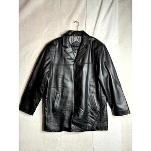 RBM Leather Jacket Mens Large Black Regular Fit Pockets Long Sleeve Button Front